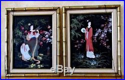 Vintage Signed Japanese Women Geisha Paintings Oil Gilt Framed Pair Set Of 2