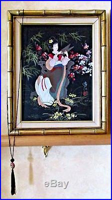 Vintage Signed Japanese Women Geisha Paintings Oil Gilt Framed Pair Set Of 2