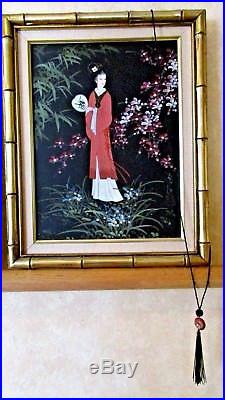 Vintage Signed Japanese Women Geisha Paintings Oil Gilt Framed Pair Set Of 2
