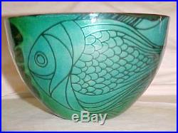 Vintage Signed Jean Tudor Modern Enamel Copper Art Bowl Modernist Fish Painting