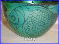 Vintage Signed Jean Tudor Modern Enamel Copper Art Bowl Modernist Fish Painting