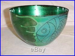 Vintage Signed Jean Tudor Modern Enamel Copper Art Bowl Modernist Fish Painting