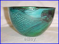 Vintage Signed Jean Tudor Modern Enamel Copper Art Bowl Modernist Fish Painting