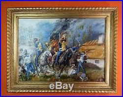 Vintage Signed Kuskowski Oil on Canvas Large Framed Battle Scene Painting