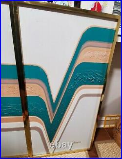 Vintage Signed Letterman Oil Painting 3 Panel Triptych Abstract Aqua & Mauve