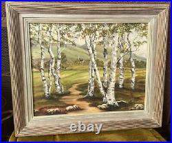 Vintage Signed Mid-Century Aspen Tree Landscape Painting Oklahoma 25x21