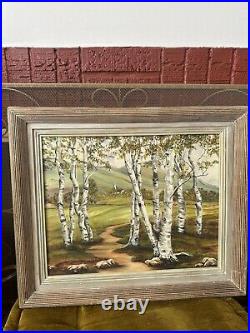 Vintage Signed Mid-Century Aspen Tree Landscape Painting Oklahoma 25x21