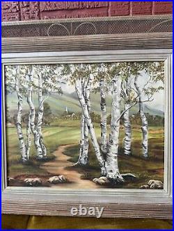 Vintage Signed Mid-Century Aspen Tree Landscape Painting Oklahoma 25x21