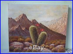 Vintage Signed Mystery Artist J. Marta Desert Cactus Flower Painting On Canvas