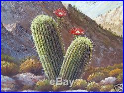 Vintage Signed Mystery Artist J. Marta Desert Cactus Flower Painting On Canvas