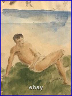 Vintage Signed Nino Giovanni Tirinnanzi Watercolor Painting Male Nude Bathing