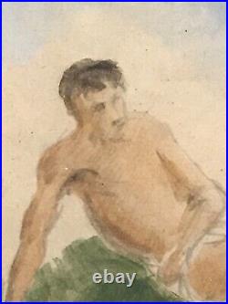 Vintage Signed Nino Giovanni Tirinnanzi Watercolor Painting Male Nude Bathing