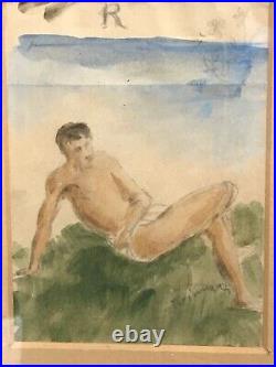 Vintage Signed Nino Giovanni Tirinnanzi Watercolor Painting Male Nude Bathing