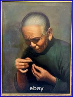 Vintage Signed Oil Painting Asian Elder Woman Threading A Needle Art Restoration Vintage Signed Oil Painting Asian Elder Woman Threading A Needle Art Restoration