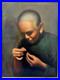 Vintage Signed Oil Painting Asian Elder Woman Threading A Needle Art Restoration