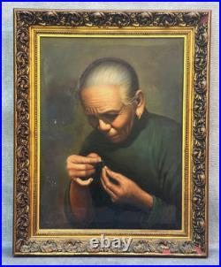 Vintage Signed Oil Painting Asian Elder Woman Threading A Needle Art Restoration Vintage Signed Oil Painting Asian Elder Woman Threading A Needle Art Restoration