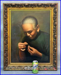 Vintage Signed Oil Painting Asian Elder Woman Threading A Needle Art Restoration Vintage Signed Oil Painting Asian Elder Woman Threading A Needle Art Restoration