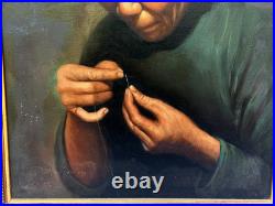 Vintage Signed Oil Painting Asian Elder Woman Threading A Needle Art Restoration
