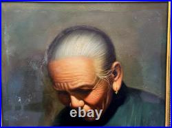 Vintage Signed Oil Painting Asian Elder Woman Threading A Needle Art Restoration