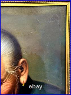 Vintage Signed Oil Painting Asian Elder Woman Threading A Needle Art Restoration