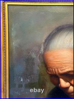 Vintage Signed Oil Painting Asian Elder Woman Threading A Needle Art Restoration Vintage Signed Oil Painting Asian Elder Woman Threading A Needle Art Restoration