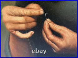 Vintage Signed Oil Painting Asian Elder Woman Threading A Needle Art Restoration Vintage Signed Oil Painting Asian Elder Woman Threading A Needle Art Restoration