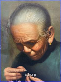 Vintage Signed Oil Painting Asian Elder Woman Threading A Needle Art Restoration