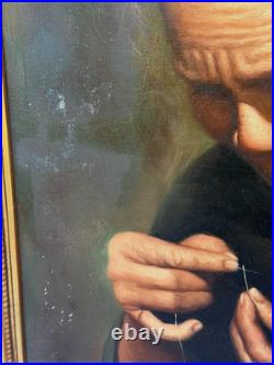 Vintage Signed Oil Painting Asian Elder Woman Threading A Needle Art Restoration