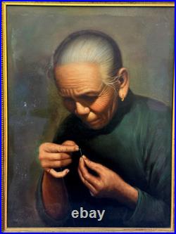 Vintage Signed Oil Painting Asian Elder Woman Threading A Needle Art Restoration