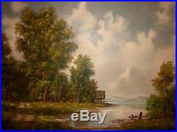 Vintage Signed Oil Painting Mountain Lake Landscape Cabin/Home Framed