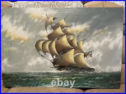 Vintage Signed Oil Painting Of Clipper Ship By Listed Artist J. James