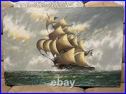 Vintage Signed Oil Painting Of Clipper Ship By Listed Artist J. James