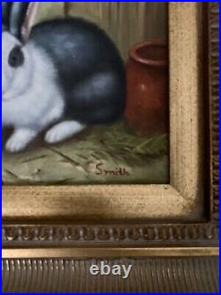Vintage Signed Oil on Canvas Framed Painting Rabbits Countryside