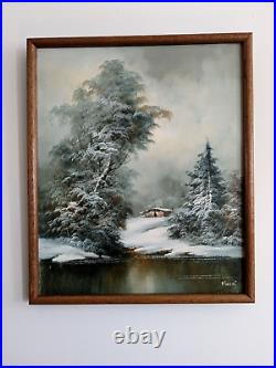 Vintage Signed R. Thomas Original oil painting Winter Snow Landscape 20x24 in