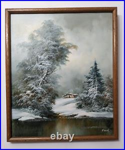 Vintage Signed R. Thomas Original oil painting Winter Snow Landscape 20x24 in