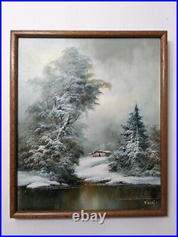 Vintage Signed R. Thomas Original oil painting Winter Snow Landscape 20x24 in