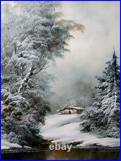 Vintage Signed R. Thomas Original oil painting Winter Snow Landscape 20x24 in