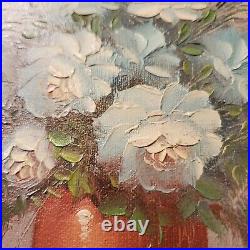 Vintage Signed Robert Cox Blue Roses In Vase Oil Painting-Matted Wood Frame