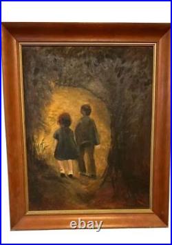 Vintage Signed'Rosenblat' Oil Painting Children Walking into Forest Path