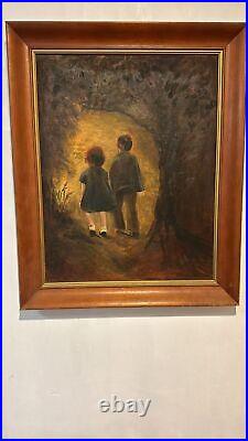 Vintage Signed'Rosenblat' Oil Painting Children Walking into Forest Path
