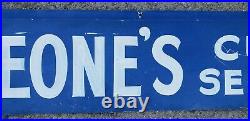 Vintage Simeone's Curb Service Painted Metal Sign Double Sided Gas Oil Soda Pop