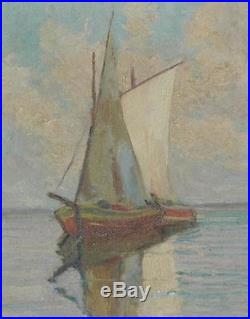Vintage Small Work Oil on Board of Two Sailing Vessels Signed Warren Long