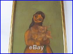 Vintage South American Mystery Artist Painting Girl With Flowers Signed 1970's