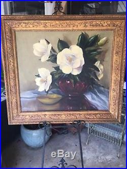 Vintage Southern Magnolia Flower Vase STILL LIFE OIL Painting Mid Century Sign