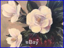 Vintage Southern Magnolia Flower Vase STILL LIFE OIL Painting Mid Century Sign