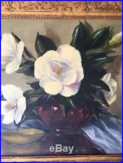 Vintage Southern Magnolia Flower Vase STILL LIFE OIL Painting Mid Century Sign