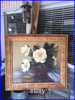 Vintage Southern Magnolia Flower Vase STILL LIFE OIL Painting Mid Century Sign