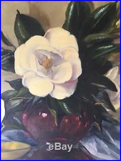 Vintage Southern Magnolia Flower Vase STILL LIFE OIL Painting Mid Century Sign