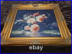 Vintage Still Life Bouquet of Flowers Oil Painting Signed Ornate Gold Frame