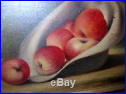 Vintage Still Life Oil On Board Apples In A Hat Signed Dated